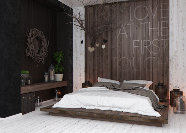 Tạo một phòng ngủ mộc mạc, hiện đại bằng cách kết hợp một bức tường bằng gỗ với khung gương hình nhánh cây