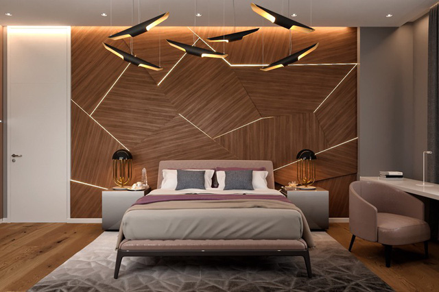 Ánh sáng và gỗ kết hợp tạo thành tác phẩm nghệ thuật “đắt giá” cho phòng ngủ