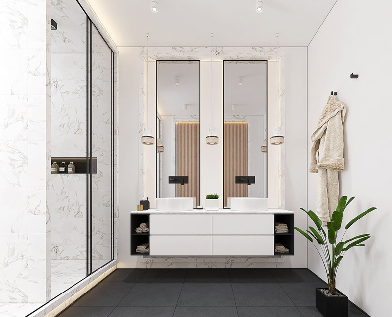 Phòng tắm chính không ngại sử dụng các vật liệu cao cấp. Ốp đá cẩm thạch làm cho bồn rửa nổi bật