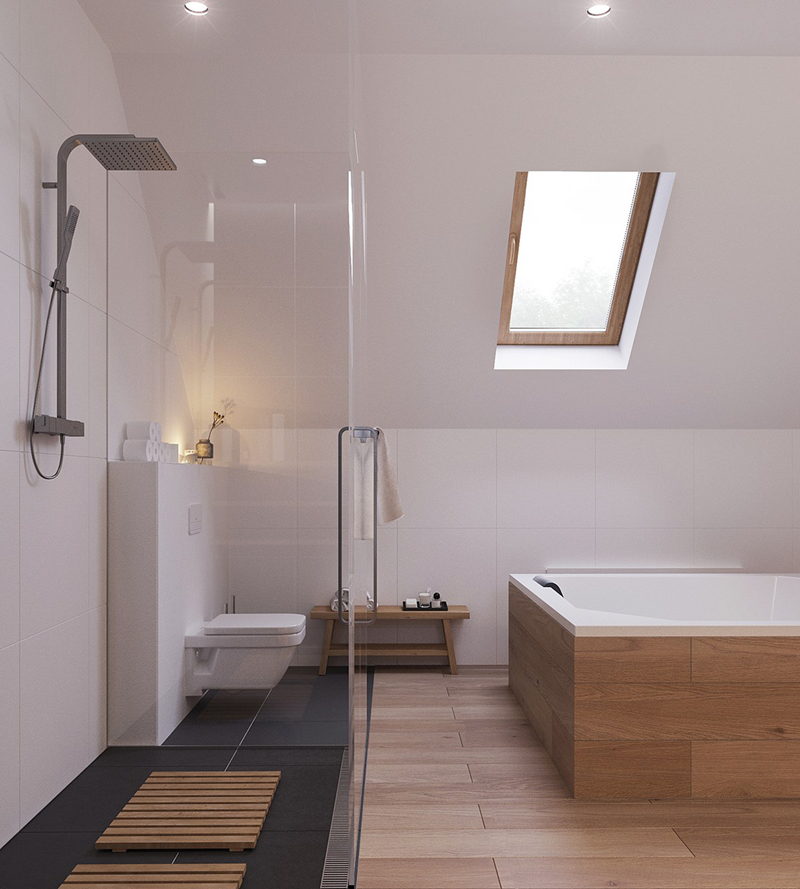 Cửa kính sát trần cung cấp ánh sáng cho phòng tắm
