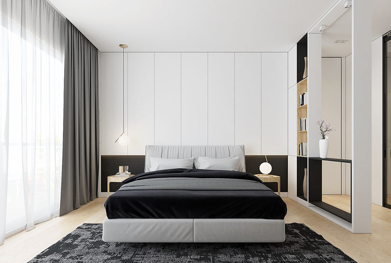 Trên lầu, phòng ngủ màu đen và trắng tạo ra sự tương phản sắc nét