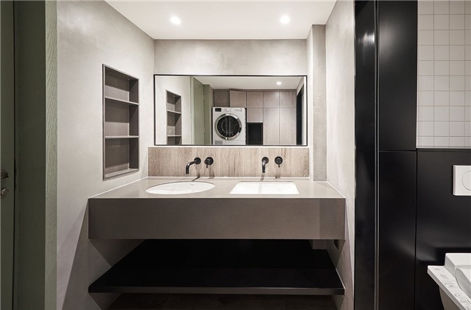 Gợi ý màu xanh lá cây cho phòng tắm tối giản hiện đại trong nền của các màu sắc trung tính