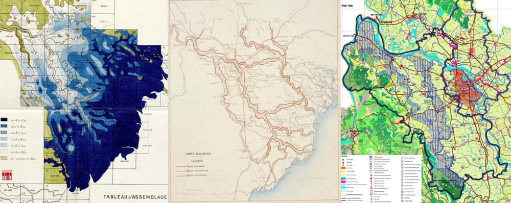 Bản đồ cao độ mặt đất Bắc bộ (từ +0m đến hơn +10m), sơ đồ đê điều Bắc bộ (1905). Bản đồ tô màu xanh xác định hành lang thoát lũ bám theo lưu vực sông Đáy và sông Nhuệ trên nền bản đồ Hà Nội và tỉnh Hà Tây cũ (2005)