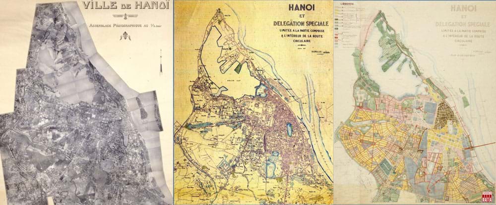 Từ trái: bản đồ không ảnh Hà Nội 1935; bản đồ thực trạng 1941 và bản đồ quy hoạch do KTS. Louis-Georges Pineau  thực hiện, công bố 1943