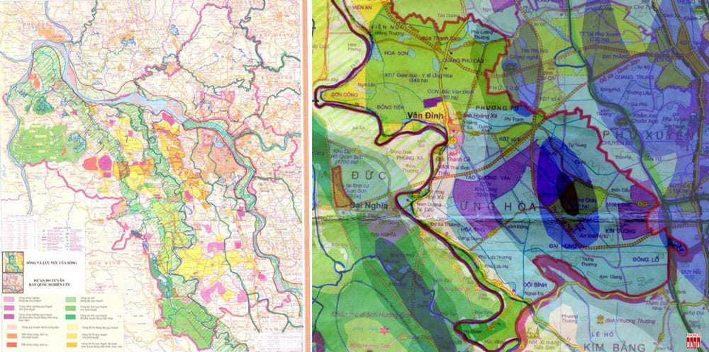 Bản  đồ  các dự án “thần tốc”  của tỉnh Hà Tây giao đất nghiên cứu quy hoạch đô thị  trước khi nhập vào Hà Nội (2005 - 2008). Phóng to khu vực huyện Ứng Hòa: khu đô thị công nghiệp đặt vào vùng trũng ngập nhất, thậm chí +0m
