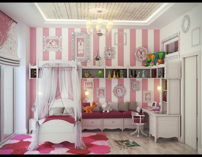 Căn phòng của trẻ lấy mầu hồng, trắng làm chủ đạo và được thiết kế theo phong cách cổ điển. Ấn tượng với trẻ khi bước vào phòng là những bức tranh treo trên tường