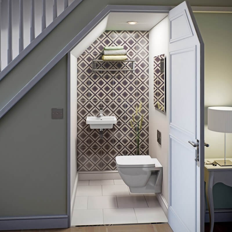 Do diện tích khiêm tốn, khi thiết kế nhà vệ sinh dưới gầm cầu thang, gia chủ cần lưu ý tiết giản đi vòi hoa sen, bồn tắm, chỉ nên lắp đặt bồn vệ sinh và chọn loại bồn rửa gắn tường để tiết kiệm tối đa không gian