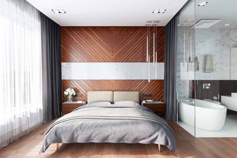 Còn nếu bạn là người mạnh mẽ, yêu thích sự phóng khoáng và chắc chắn thì phòng ngủ có bức tường đầu giường bằng gỗ này là lựa chọn dành cho bạn.