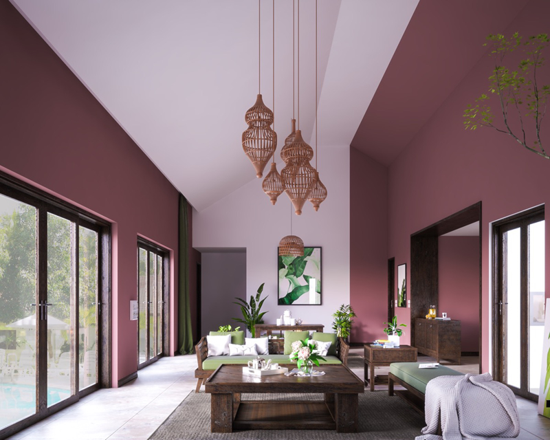 Phòng khách màu hồng sẫm tạo điểm nhấn bằng một dải tường màu trắng ở giữa.