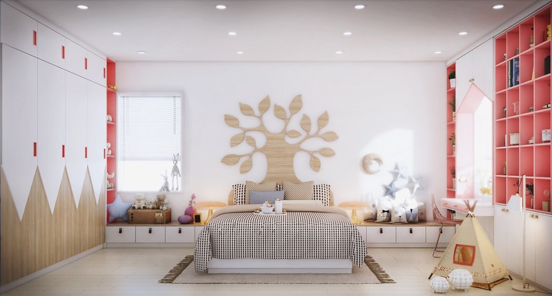 Trên đầu của chiếc giường có hình cây màu vân gỗ vàng sẽ tạo nên sự khác lạ khi trang trí phòng ngủ cho con bạn.