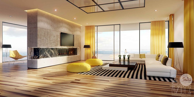 Phòng khách có hướng nhìn ra biển, mang phong cách hiện đại. Sàn gỗ vân màu vàng kết hợp với rèm cửa màu vàng chanh và bộ bàn ghế sofa dáng thấp là những điểm ấn tượng cho căn phòng.
