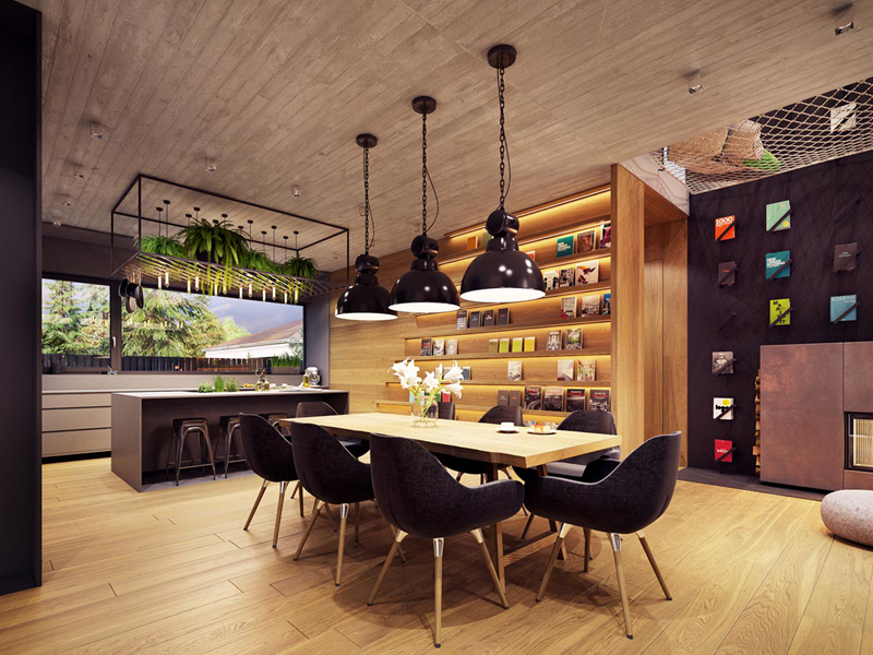 Phòng ăn mang phong cách hiện đại với trần nhà, bàn, ghế đều làm từ gỗ công nghiệp. Những chiếc đèn màu đen từ trên trần nhà rủ xuống góp phần tỏa sáng, làm cho căn phòng trở nên ấm áp hơn.