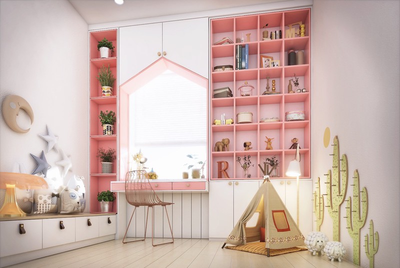 Phòng của trẻ mang phong cách hiện đại, nổi bật là chiếc giá để đồ dùng, cây cảnh màu hồng. Với cách trang trí các đồ vật và phối màu ấn tượng, bạn sẽ khiến cho trẻ cảm thấy thích thú với căn phòng.