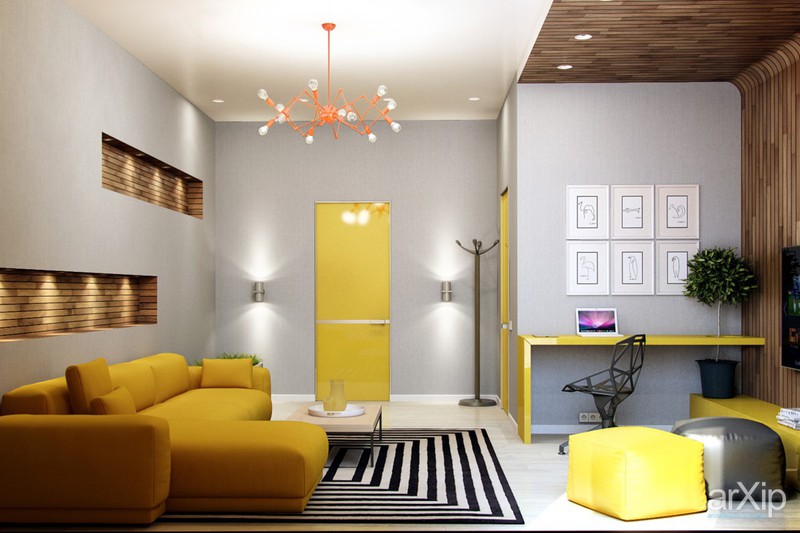 Căn phòng trở nên sáng sủa hơn với bộ bàn ghế sofa và một số vật dụng khác màu vàng chanh.