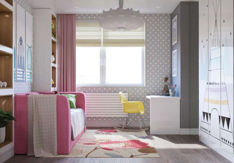 Phòng của trẻ có thể kê một ghế sofa dài màu hồng, vừa giúp con bạn ngồi và nằm ngủ ở đó được.