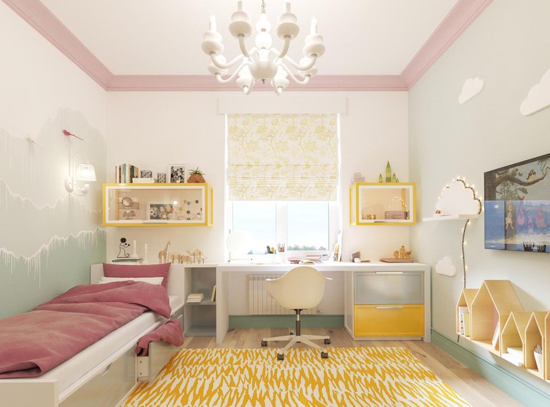 Căn phòng của trẻ trở nên huyền diệu hơn khi có tấm trải thảm màu vàng và một số đồ vật cùng tông.