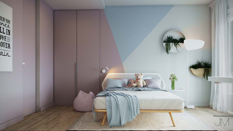 Không gian căn phòng trở nên ấm áp, thoáng mát hơn khi có sự phối kết hợp các màu sắc: hồng, xanh, trắng đan xen.