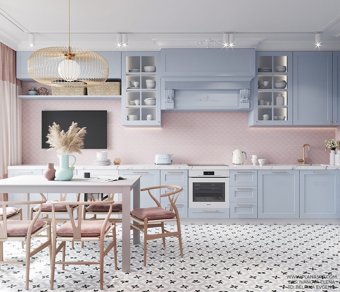 Không gian bếp được bố trí theo hình chữ I với gam màu xanh và hồng pastel đầy cuốn hút.