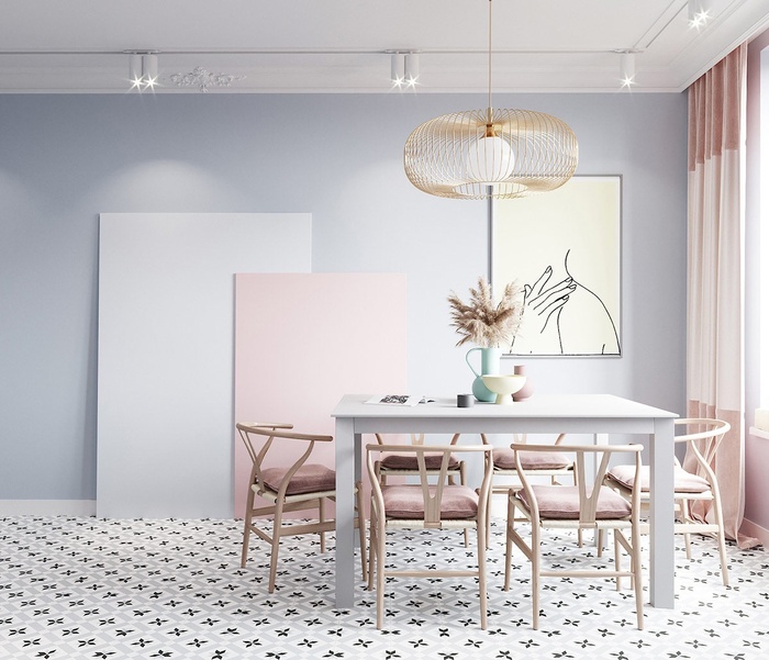 Phòng ăn đẹp như một tác phẩm nghệ thuật với gam màu xám và hồng pastel.