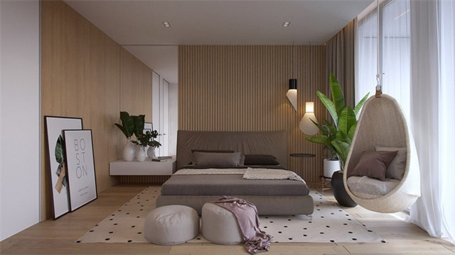 Trong một phòng ngủ khác, những bức tường gỗ và cây xanh tạo điểm nhấn