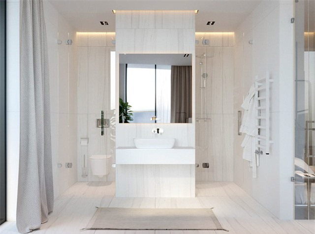 Phòng tắm lớn, sang trọng được hoàn thiện đơn giản với màu trắng nổi bật