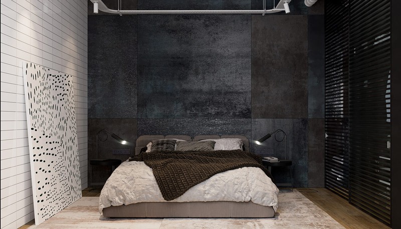 Phòng ngủ sử dụng lối trang trí hai màu đen và trắng đối lập.