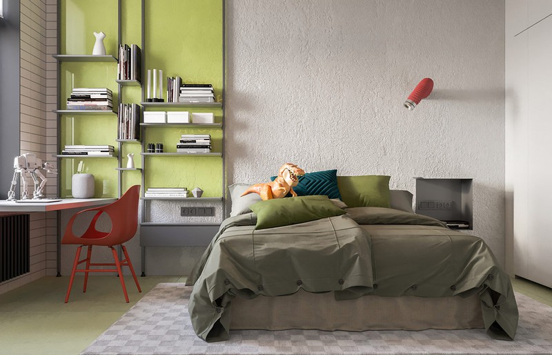 Trong phòng của bé, gam màu xanh lá được bố trí khéo léo ở khu vực cạnh giường mang đến cảm giác trẻ trung và hiện đại.
