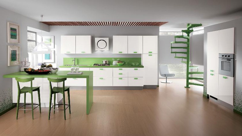 Hai điểm nhấn màu sắc trắng, xanh lá cây trong căn bếp tạo nên một hình ảnh rất yên bình, êm dịu.