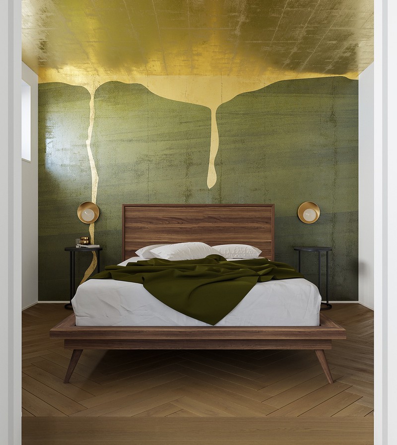 Bức tường đầu giường trang trí như một bức tranh trừu tượng đang còn dang dở