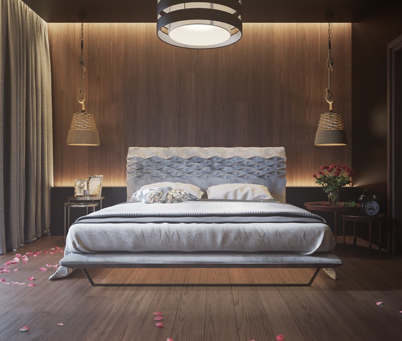 Tường bằng gỗ kết hợp với đèn, góp phần mang đến một phòng ngủ lãng mạn