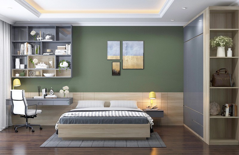 Tiếp tục là chủ đề tường màu xanh lá nhưng màu xanh ở phòng này có sắc độ nhạt hơn, dễ bố trí trong nhiều phong cách khác nhau