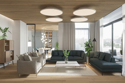 Trong phòng khách sàn và trần đều được làm bằng gỗ càng thêm nổi bật dưới ánh sáng tự nhiên.