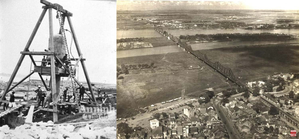 Hai hình ảnh về cầu Long Biên, lúc khởi công năm 1898 thi công đóng cọc mố cầu và cây cầu sau khi hoàn thành