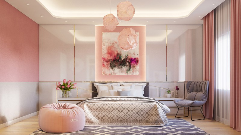 Phòng ngủ trang trí bằng màu hồng vừa hiện đại lại rất đỗi sang trọng