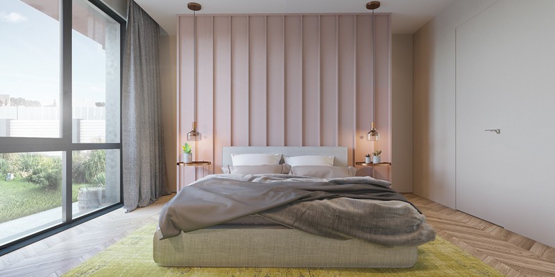Bức tường đầu giường sơn hồng dành cho phòng ngủ mở, gần gũi thiên nhiên
