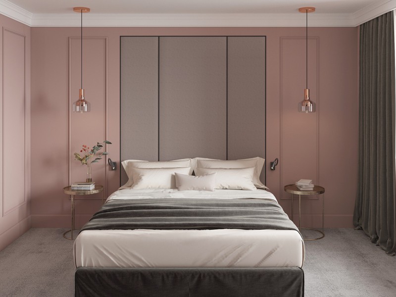 Một phòng ngủ màu xám hồng tạo nên một sự kết hợp sang trọng