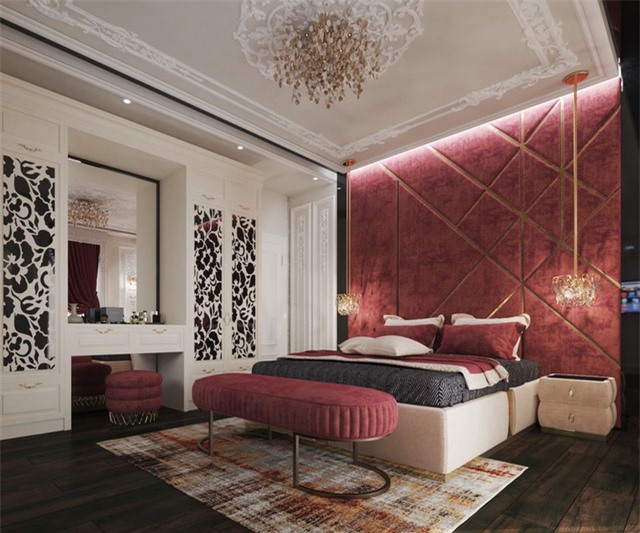 Đầu giường, ghế dài, ghế đẩu, khăn trải giường, rèm cửa… phủ tông màu đỏ sang trọng.