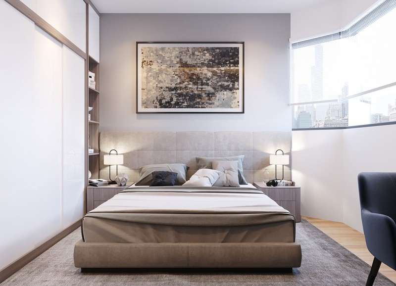 Việc đơn giản hóa nội thất giúp người sử dụng vẫn cảm thấy thoải mái dù diện tích phòng ngủ không quá lớn như mong đợi.