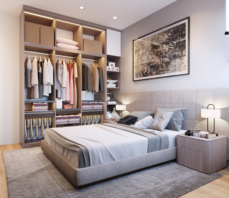 Tủ quần áo thiết kế mở và được sắp xếp gọn gàng bên cạnh giường, dễ dàng cho việc sử dụng hàng ngày
