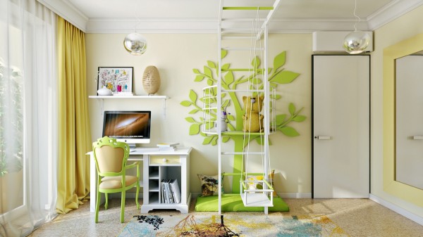 Phòng sử dụng màu xanh lá cây mang đến cảm giác yên bình, dễ chịu để bé dễ tập trung học bài hơn