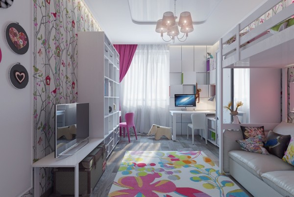 Phòng ngủ của hai bé gái trang trí màu dịu nhẹ để các bé có không gian học tập và vui chơi