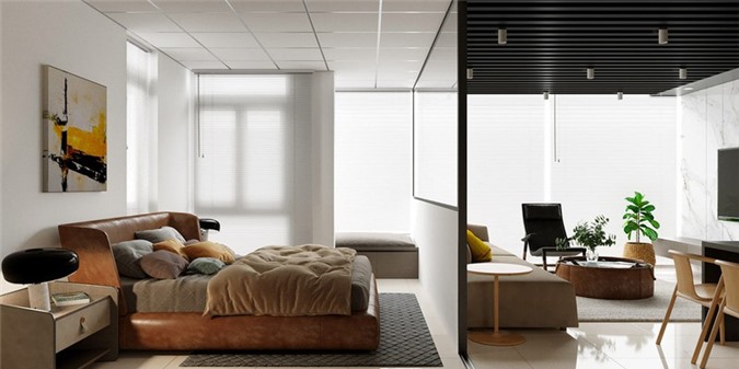 Thiết kế phòng ngủ sử dụng kính ốp tường, giúp toàn bộ căn hộ có cảm giác rộng rãi và nhẹ nhàng hơn