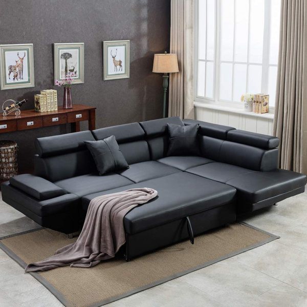 Ghế sofa da có tựa đầu và chân ghế có thể điều chỉnh, nhanh chóng trở thành một chiếc giường ngủ thoải mái mỗi khi có khách