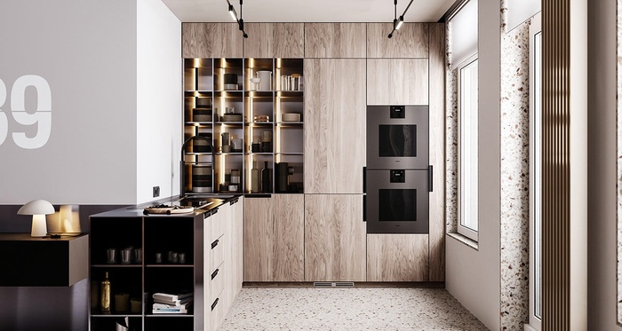Nhà bếp hình chữ L là mang vẻ đẹp hiện đại với tủ vân gỗ tuyệt đẹp và những mảng màu tối đối lập, nổi bật.