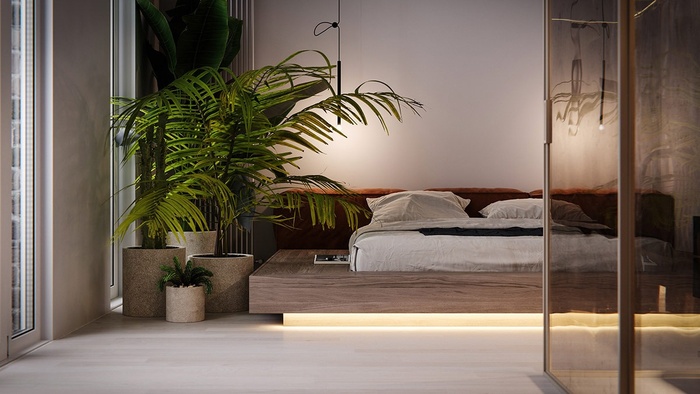Phòng ngủ với số lượng nội thất tối giản. Nhà thiết kế vẫn bài trí những chậu cây xanh để giúp không gian thêm sinh động.