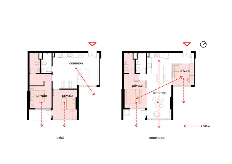 Giải pháp cải tạo là phá bỏ các bức tường, di chuyển không gian sống đến vị trí trung tâm của căn hộ. 2 phòng ngủ ở hai bên được ngăn cách bằng các bức tường trượt bằng gỗ, có thể mở và đóng khi cần thiết.