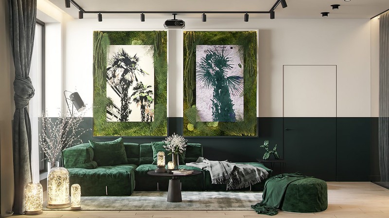 Phòng khách được trang trí như một rừng mưa nhiệt đới