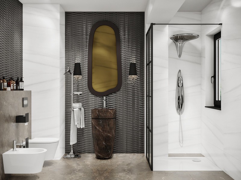 Gương có hình dáng đặc biệt cùng vòi rửa quá khổ tạo nên phong cách riêng cho phòng tắm.