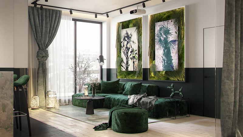 Ghế sofa bọc vải màu xanh, tạo nên sự cuốn hút cho phòng khách