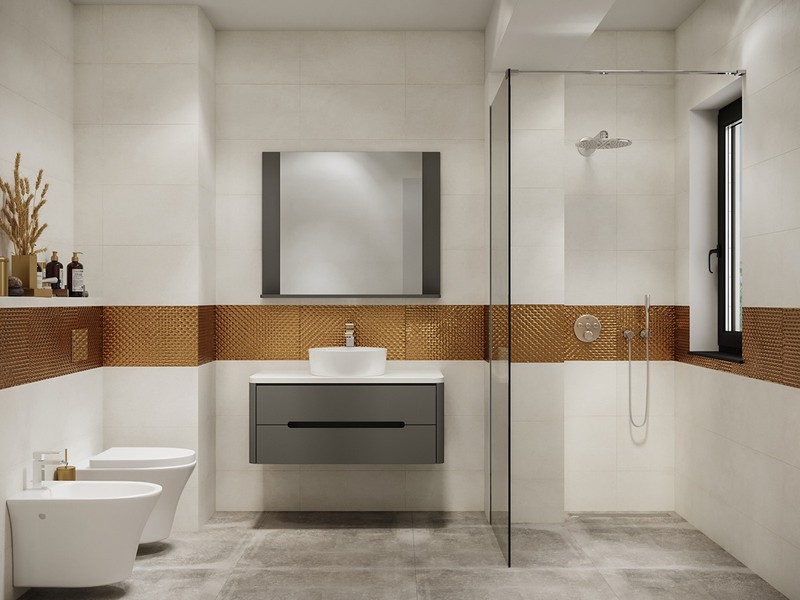 Mảng tường bọc vàng tạo sự liên kết, trong khi phòng tắm ướt và phòng tắm khô vẫn được ngăn cách bởi bức tường kính.